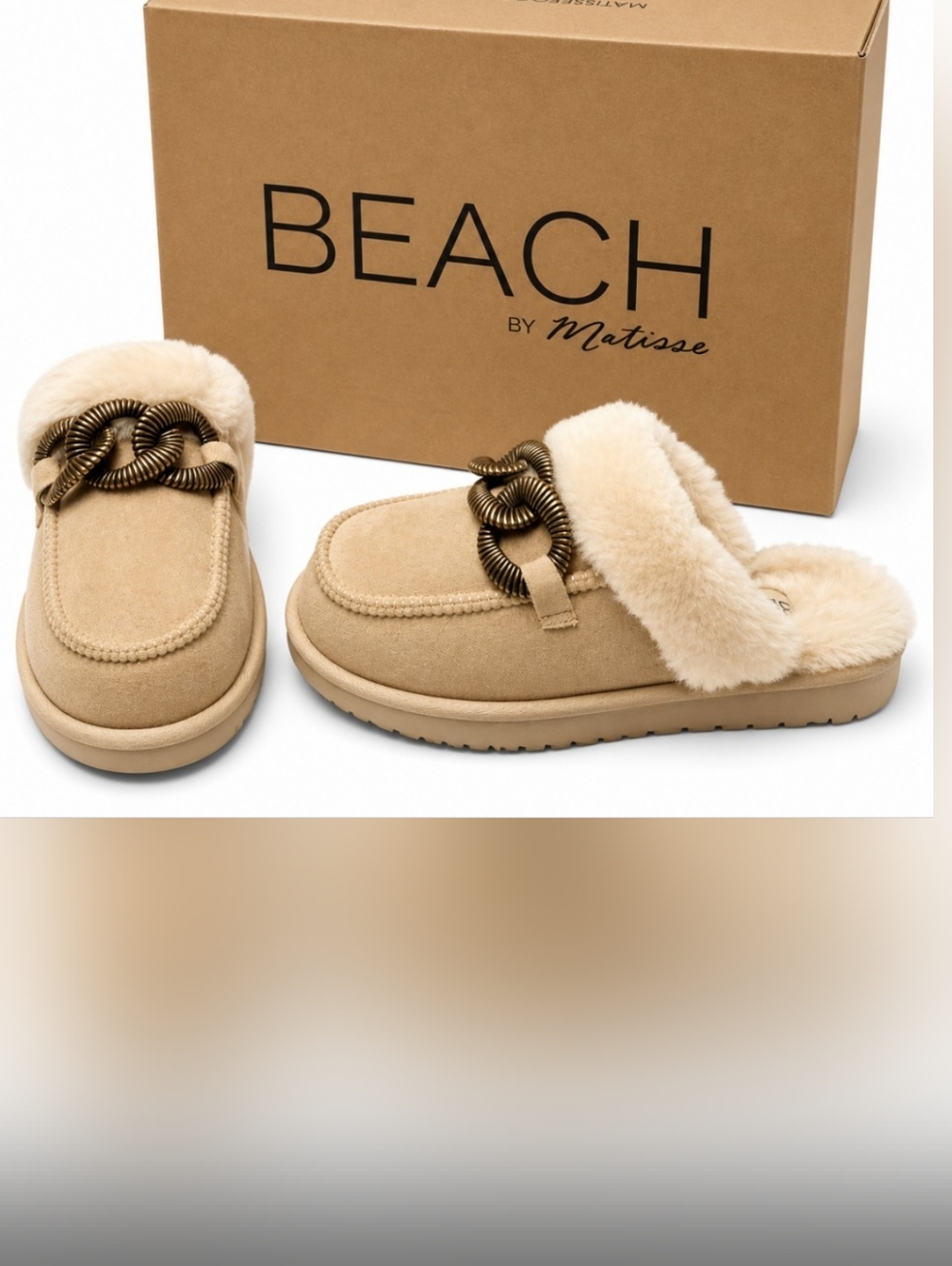 Beach by Matisse Women's Size 8M Tan Faux-Shearling Chain Slide Slippers NIB